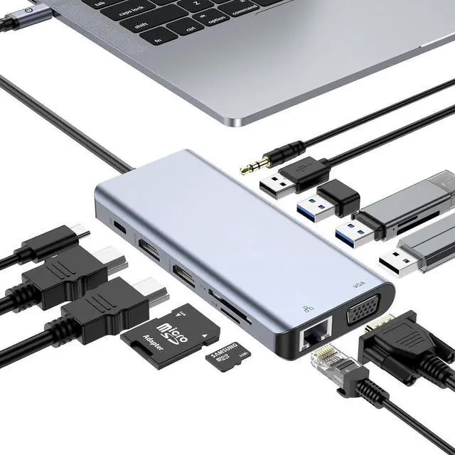 Main image of USB C Docking Station, 12 in 1 USB C Hub Adapter with 2 HDMI 4K, VGA, Ethernet, 4 USB-A Ports, Audio, 100W PD, SD/TF Card Reader for MacBook Pro Air, XPS, Surface