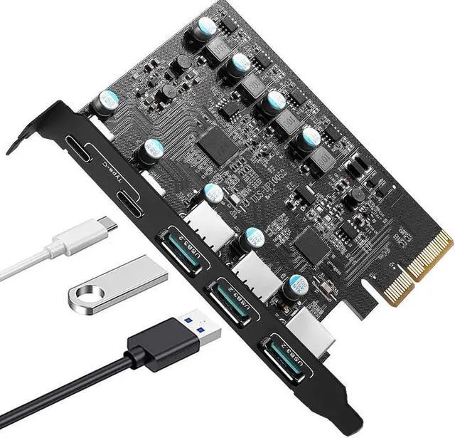 Main image of 5 Ports Superspeed 5Gbps USB 3.2 PCI Express Expansion Card for Windows 11, 10, 8.x, 7, Vista, XP Desktop PCs, Built in Self-Powered Technology, (2X USB C - 3X USB A)