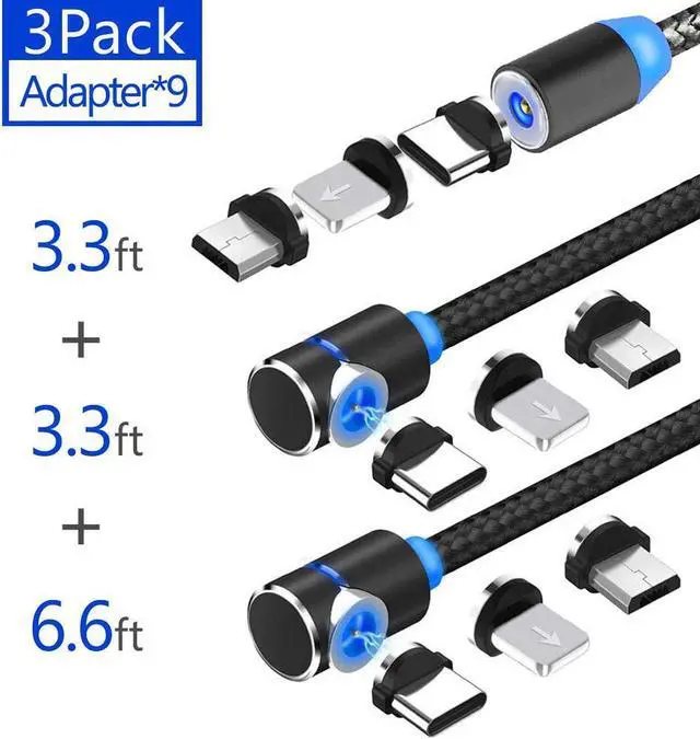 Main image of Magnetic Phone Charger Cable, 3 in 1 Cable, (3 Pack,3.3 ft Straight Cable, 3.3 ft L Shape Cable,6.6 ft L Shape Cable) (Black)