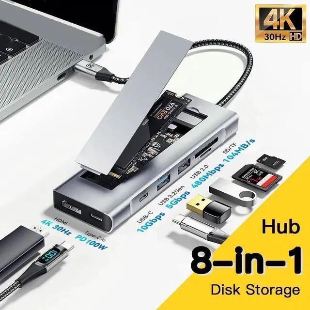 Main image of USB C Docking Station with 10Gbps M.2 NVMe SSD Enclosure,8-in-1 M.2 dock,USB C Multiport Adapter Dongle with 10Gbps USB 3.2-A/C,4K HDMI,100W PD,SD/TF,USB-A,M.2 NVMe/SATA SSD Reader.