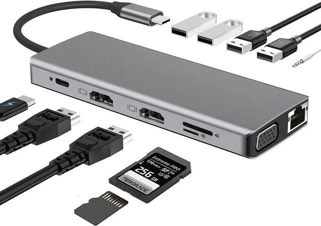 Main image of USB C Hub, Docking Station, 12 in 1 USB C Adapter Dongle with Dual HDMI 4K VGA 1080P 1000Mbps Ethernet PD 3.0 100W 4 USB TF/SD Card Slot, Audio Laptop Docking