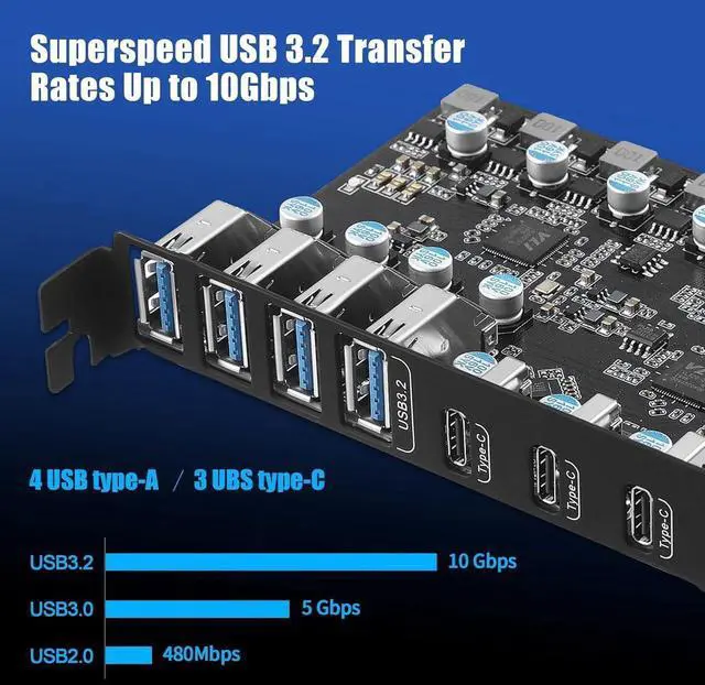 Alt view image 6 of 7 - 7-Ports Superspeed 10Gbps USB 3.2 Gen2 PCI Express Expansion Card for Windows 11, 10, 8.x, 7, Vista, XP Desktop PCs, Built in Self-Powered Technology, (3X USB C - 4X USB A)