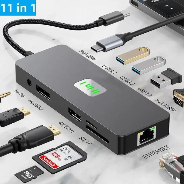 Main image of HDMI+DP Laptop Docking Station, USB C Dock 3 Monitors, 11 in 1 USB C to 4k60 HDMI Adapter with DP+VGA, 3*10Gbps USB A 3.2, 00W PD, Ethernet,SD/TF,Audio Port for Laptop PC