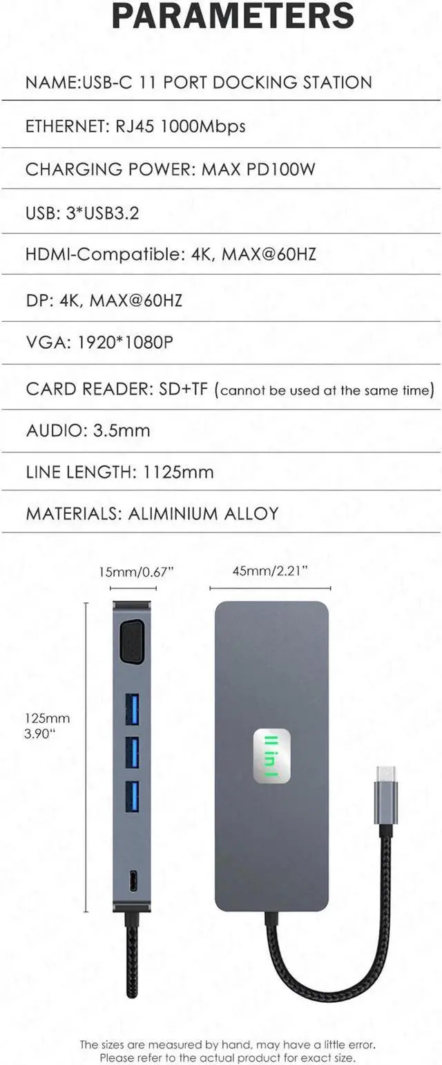 Alt view image 5 of 7 - HDMI+DP Laptop Docking Station, USB C Dock 3 Monitors, 11 in 1 USB C to 4k60 HDMI Adapter with DP+VGA, 3*10Gbps USB A 3.2, 00W PD, Ethernet,SD/TF,Audio Port for Laptop PC