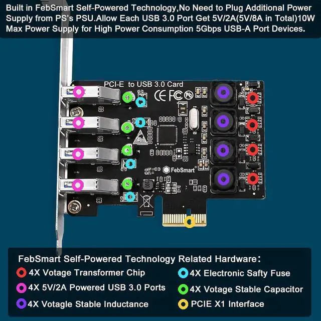 Alt view image 6 of 7 - 4 Ports Superspeed 5Gbps USB 3.0 PCI Express Expansion Card for Windows 11, 10, 8.x, 7, Vista, XP Desktop PCs, Built in Self-Powered Technology, No Need Additional Power Supply
