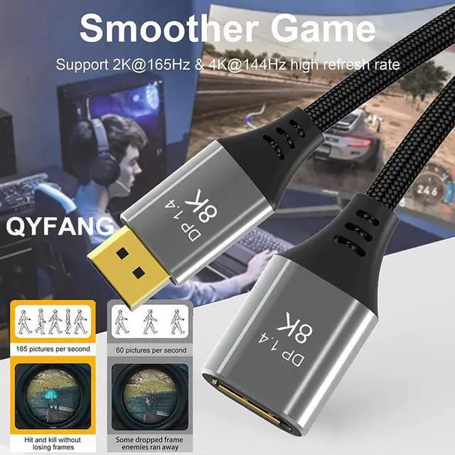 Alt view image 5 of 7 - 8K DisplayPort Extension Cable 1.4, Ultra High Speed 32.4Gbps Braided Display Port Cable 2M/6.6FT [8K@60Hz 4K@240Hz 2K@144Hz] HBR3 HDR DSC 1.2, DP Cable for Gaming Monitor, Graphics Card, PC