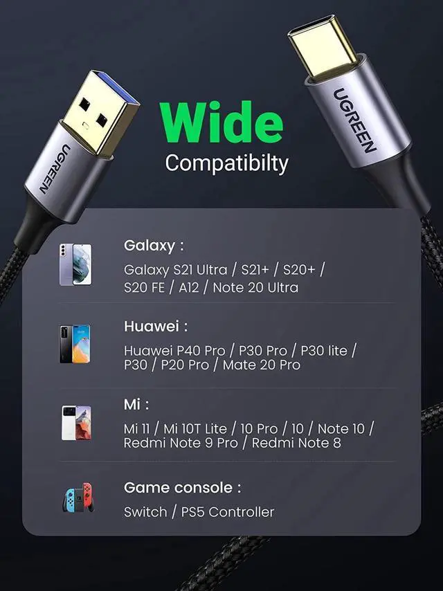 Alt view image 6 of 7 - USB C Cable 3.0 Fast Charging - USB A to USB C Cable 5Gbps Fast Data Transfer Nylon Braided Type C Charger Cord Compatible with Galaxy S21 S20 Note 20 LG V30 G6 iPad Mini 6 PS5 Switch 3FT