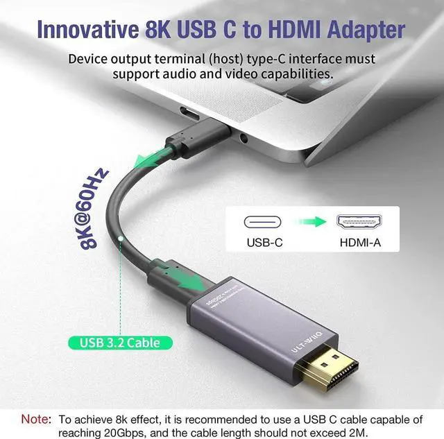 Alt view image 6 of 6 - USB C to HDMI 2.1 Adapter, 8K@60Hz USB-C Female to HDMI Male Converter, Support 8K, 4K@120Hz, 2K@240Hz, HDR, VRR, FreeSync, Type C Thunderbolt 3/4 Compatible for Steam Deck, MacBook, iPad Pro, Dell