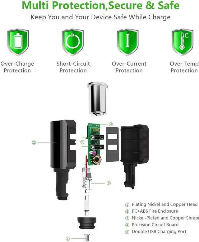 Alt view image 3 of 7 - Car Charger, 60W 5V 3.4A Dual USB with Extra Fuse Tube for iPhone X/Xs/XR/Xs Max, 8/7 Plus,6 6s Plus,SE 5s Galaxy S7,S6 in-Car Navigation, Voice Initiated Calling, and Music Streaming And More
