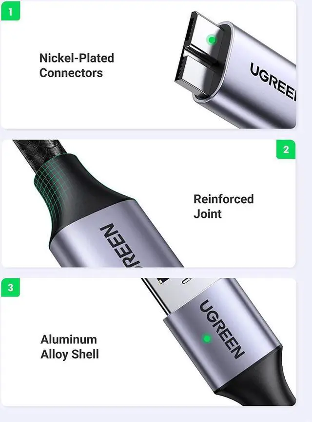 Alt view image 2 of 7 - Micro USB 3.0 Cable, USB 3.0 A to Micro B Cord Nylon Braided External Hard Drive Cable Compatible with Samsung Galaxy S5, Note 3/Pro 12.2, Western Digital, Toshiba, My Passport, etc 3 FT