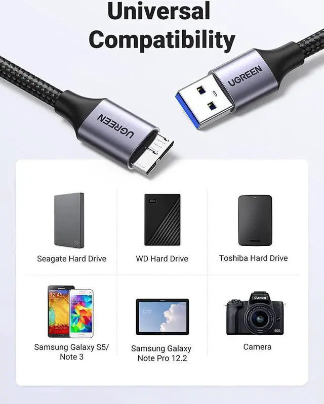 Alt view image 7 of 7 - Micro USB 3.0 Cable, USB 3.0 A to Micro B Cord Nylon Braided External Hard Drive Cable Compatible with Samsung Galaxy S5, Note 3/Pro 12.2, Western Digital, Toshiba, My Passport, etc 3 FT