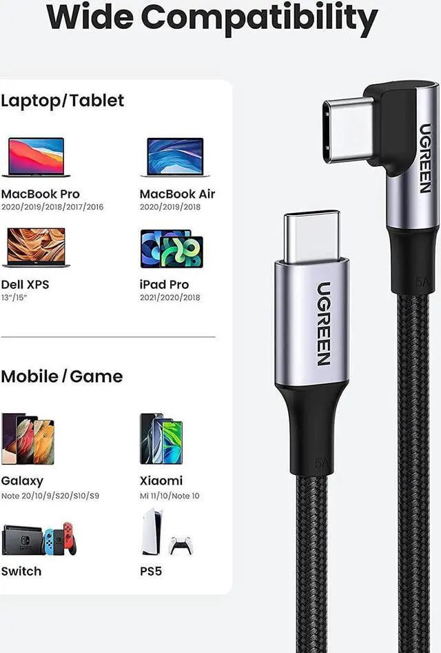 Alt view image 2 of 7 - USB C to USB C Cable 100W Fast Charging 6FT - Right Angle 5A Type C PD Nylon Braided Charging Cord Compatible for MacBook Pro Air iPad Pro 2020 Chromebook Galaxy S21 S20 Note 20 Dell XPS Pixel