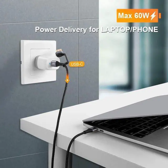 Alt view image 5 of 7 - 2 in 1 USB C Cable 4FT Braided USB2.0 C to C Cable 60W USB-A/C to C 3A Fast Charging Cable Data 480Mbps for MacBook iPad Mini iPad Pro Z Flip S21 S20 and Other USB C Devices Black 1.2m