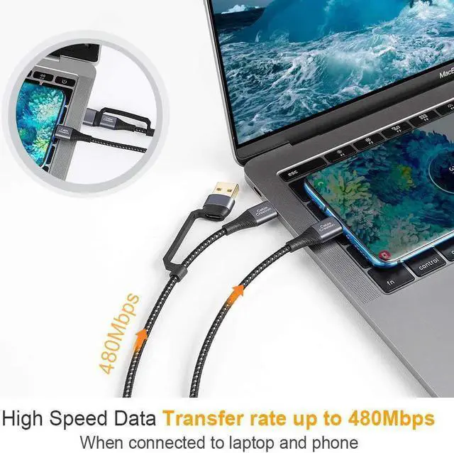 Alt view image 3 of 7 - 2 in 1 USB C Cable 4FT Braided USB2.0 C to C Cable 60W USB-A/C to C 3A Fast Charging Cable Data 480Mbps for MacBook iPad Mini iPad Pro Z Flip S21 S20 and Other USB C Devices Black 1.2m