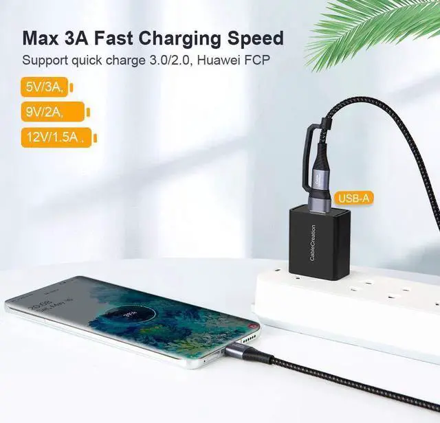 Alt view image 6 of 7 - 2 in 1 USB C Cable 2m Braided USB2.0 C to C Cable 60W USB-A/C to C 3A Fast Charging Cable Data 480Mbps for MacBook iPad Mini iPad Pro Z Flip S21 S20 and Other USB C Devices Black 6.6FT