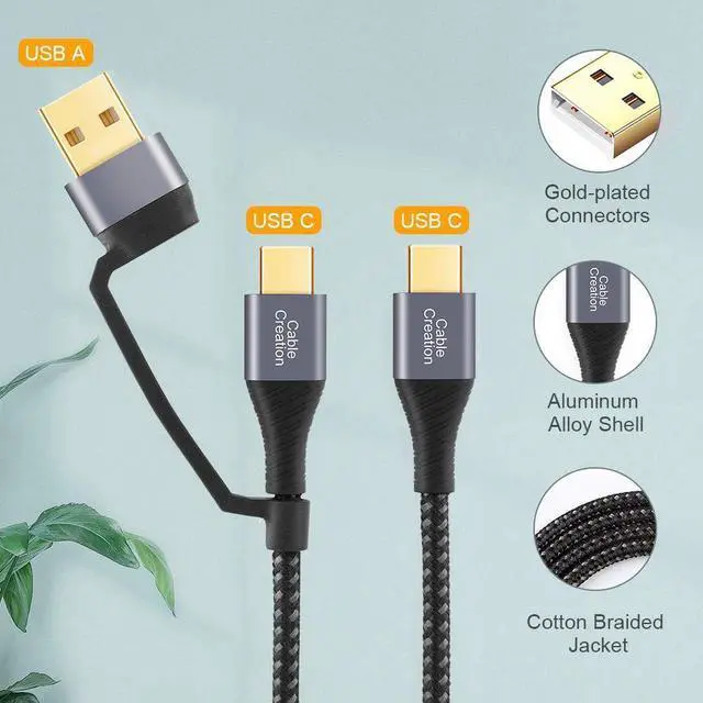 Alt view image 2 of 7 - 2 in 1 USB C Cable 2m Braided USB2.0 C to C Cable 60W USB-A/C to C 3A Fast Charging Cable Data 480Mbps for MacBook iPad Mini iPad Pro Z Flip S21 S20 and Other USB C Devices Black 6.6FT
