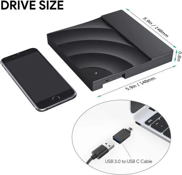 Alt view image 2 of 7 - External DVD Drive USB 3.0 Type-C Transmission Interface, CD DVD +/-RW Burner Optical Drive Compatible Windows for Laptop Desktop PC of HP/Dell/Apple/Lenovo ect