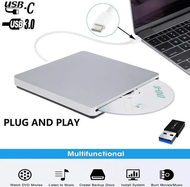 Main image of XD055 Slim Type-C/USB3.0 External CD Drive, Portable CD/DVD +/-RW Drive Ultra-Thin DVD/CD ROM Rewriter Burner Compatible with Laptop Desktop PC Windows Linux OS Apple Mac(Silver)