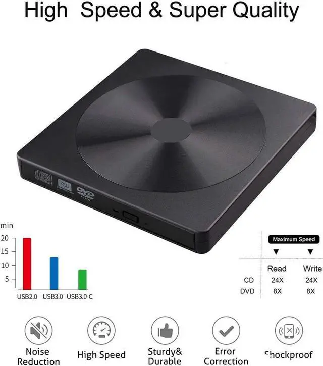 Alt view image 2 of 7 - YX-008 External DVD/CD Drive, USB 3.0 External DVD CD ROM Burner, Portable DVD Player with Type C Adapter, CD RW Optical Drive for Laptop Desktop PC Windows Linux OS Apple Mac