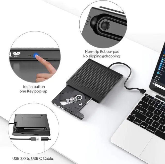 Alt view image 7 of 7 - CD/DVD External Drive with USB-3.0 and Type-C Interface, CD-ROM/DVD-RM Reader and Writer with Touch Sensitive Button, Compatible for Laptop/Mac/Desktop/MacOS/Windows(Black)