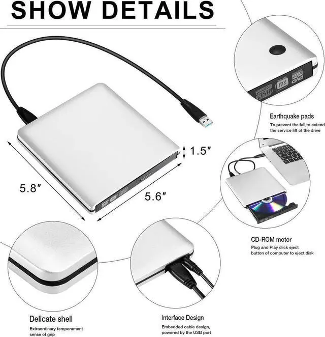 Alt view image 2 of 7 - Aluminum DVD Player for Laptop, USB 3.0 Type-C Dual Port Portable External CD DVD Drive, Drive Slim DVD/CD ROM Rewriter Burner Compatible with Laptop Desktop PC Windows Linux OS Apple Mac, Silver