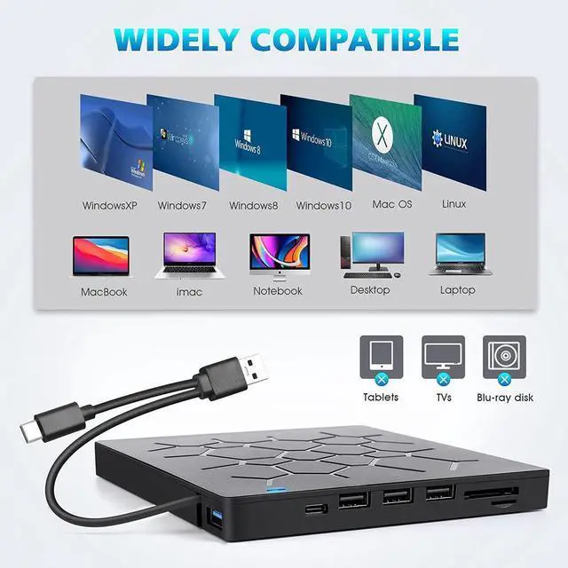 Alt view image 7 of 7 - External DVD Drive with 4 USB Ports and 2 SD Card Slots,7 -in-1 USB 3.0 Portable CD/DVD+/-RW Drive/ DVD Player for Laptop CD ROM Burner Compatible with Laptop Desktop PC Windows Linux OS Apple Mac