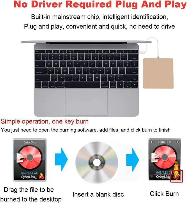 Alt view image 6 of 7 - USB 3.0 & USB-C External DVD Drive with Case, Portable CD DVD RW Drive Burner Writer Optical Player for USB Type-C Windows Laptop Mac MacBook Pro Air iMac, Gold