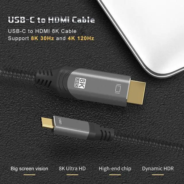 Alt view image 4 of 7 - USB C to HDMI 2.1 Cable [8K@30Hz,4K@120Hz,2K@165Hz] 3.3Ft Type C to HDMI 8K Braided Cord [Thunderbolt 3/4 Compatible] Support HDCP2.3/HDR/DSC for MacBook Pro/Air,iPhone 15/Plus/Pro/Pro Max