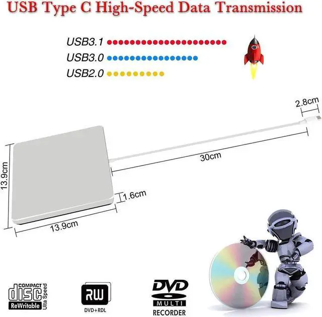 Alt view image 7 of 7 - External CD DVD Drive with Case, USB3.0 Type C Adapter to USB 3.0 Superdrive DVD CD+/-RW Burner Writer Optical Drive Compatible with MacBook/iMac/Laptop/Windows, Silver