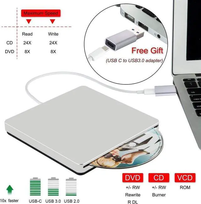 Alt view image 3 of 7 - External CD DVD Drive with Case, USB3.0 Type C Adapter to USB 3.0 Superdrive DVD CD+/-RW Burner Writer Optical Drive Compatible with MacBook/iMac/Laptop/Windows, Silver