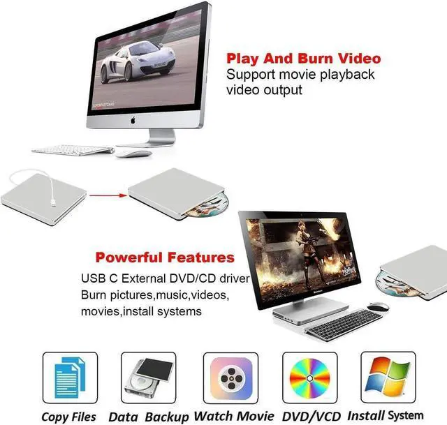 Alt view image 6 of 7 - External CD DVD Drive with Case, USB3.0 Type C Adapter to USB 3.0 Superdrive DVD CD+/-RW Burner Writer Optical Drive Compatible with MacBook/iMac/Laptop/Windows, Silver