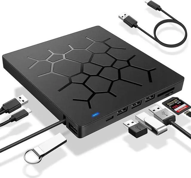 Main image of 7 -in-1 CD DVD Drive USB 3.0 and Type-C Portable CD/DVD Player for Laptop CD Drive Reader Writer Burner with 4 USB Ports and 2 SD Card Slots Compatible with Laptop Desktop PC Windows Linux Apple Mac