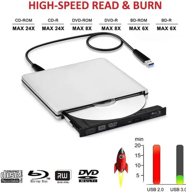 Alt view image 2 of 7 - Aluminum External Blu-Ray Player Drive USB 3.0/Type-C Portable CD/DVD+/-RW Burner Player Writer Compatible with Windows XP/7/8/10, MacOS, Linux for MacBook, Laptop, Desktop , Silver