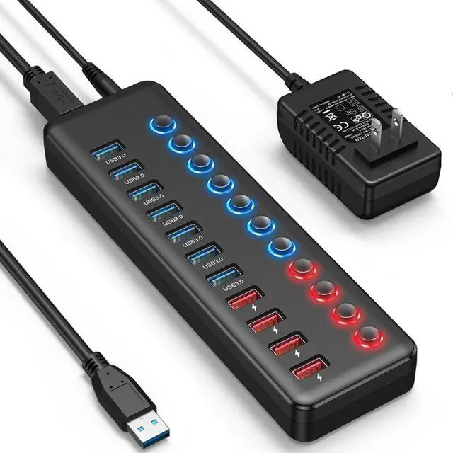 Main image of Powered USB Hub, 11 Port 36W USB Hub 3.0 with 7*USB 3.0 Faster Data Transfer Ports + 4* Smart Charging Port, Individual On/Off Switches, 12V DC Power Adapter for Laptops, PC