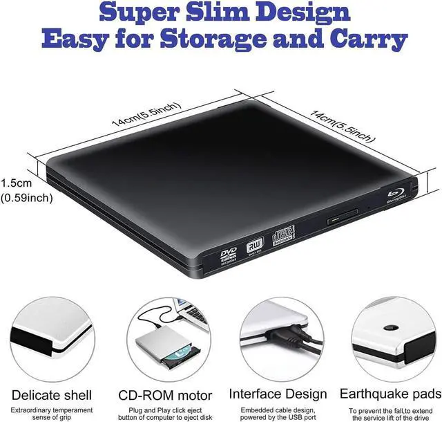 Alt view image 4 of 7 - Aluminum External Blu-Ray Burner Drive USB 3.0/Type-C Portable CD/DVD+/-RW Burner Player Writer Compatible with Windows XP/7/8/10, MacOS, Linux for MacBook, Laptop, Desktop , Black
