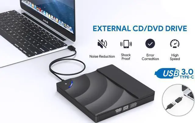 Main image of External DVD/CD Drive with Touch Button, USB 3.0 External DVD CD ROM Burner, Portable DVD Player with Type C Adapter, CD RW Optical Drive for Laptop Desktop PC Windows Linux OS Apple Mac