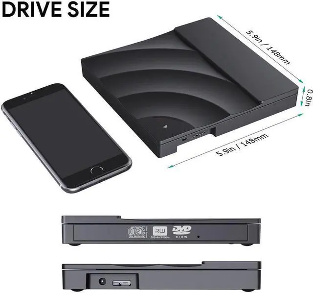 Alt view image 3 of 7 - External DVD/CD Drive with Touch Button, USB 3.0 External DVD CD ROM Burner, Portable DVD Player with Type C Adapter, CD RW Optical Drive for Laptop Desktop PC Windows Linux OS Apple Mac