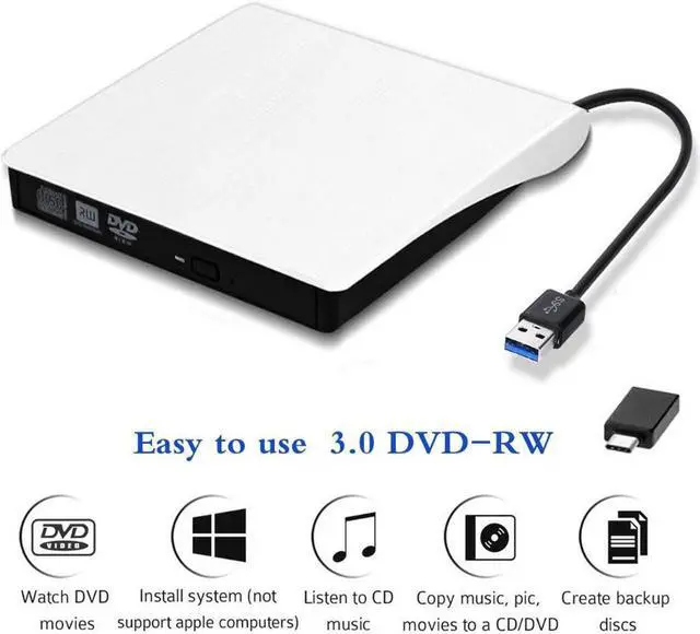 Main image of XD001 External DVD Drive - Dual-Port USB 3.0 Type-C CD DVD +/-RW Drive, USB C Portable Burner Slim DVD/CD ROM Rewriter Burner Writer Compatible with MacBook, Laptop, Desktop, Win 7/8/10 / XP/OS,White
