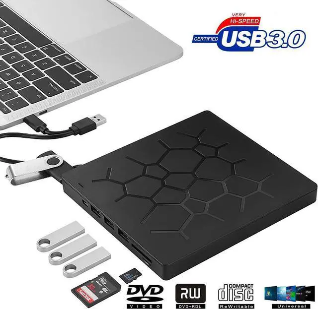 Main image of Multifunct External CD DVD Drive with 4 USB Ports and 2 SD Card Slots,7 -in-1 USB 3.0/Type-C Slim Protable External CD-RW Drive DVD-RW Burner Writer Player for Laptop Notebook PC Desktop Computer