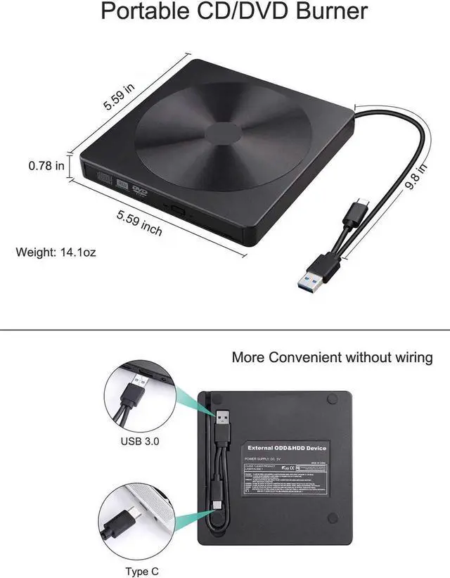 Alt view image 3 of 7 - External CD DVD Drive , USB 3.0 Type-C Portable CD/DVD /-RW Drive/DVD Optical Drive disc Player for Laptop Compatible with Mac Laptop Desktop PC Windows Linux OS( YX-008, Black )