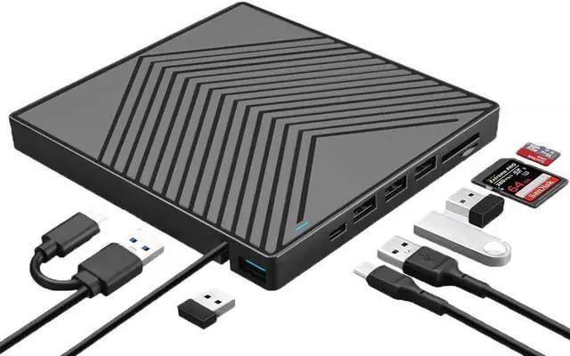 Main image of External DVD Drive, 8-In-1 CD Drive Burner DVD Player with 4*USB 3.0 Hub and SD/TF Card Reader, Portable DVD CD ROM +/-RW Disk Drive Writer for Laptop Mac Win 11/10/8/7 Linux Computer PC