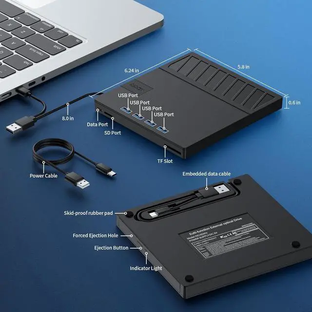 Alt view image 5 of 7 - 7-In-1 External CD DVD Drive, USB 3.0 Optical Disc Drive, SD/TF Card Reader USB 3.0 Hub, CD DVD Burner Writer Reader Player for Laptop MacBook iMac Desktop PC Windows 11/10/8/7/XP Linux Mac OS