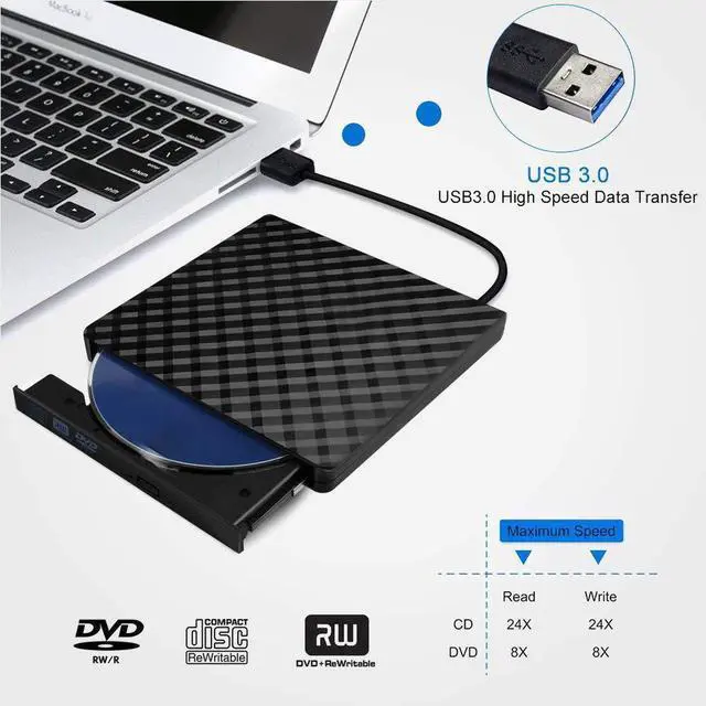 Alt view image 5 of 7 - External CD Drive, USB 3.0 Portable DVD Drive,+/-RW Drives/Writer/Rewriter/Burner High Speed Data Transfer for Mac OSX Laptops Desktops Notebooks Windows7/8/10 - Black