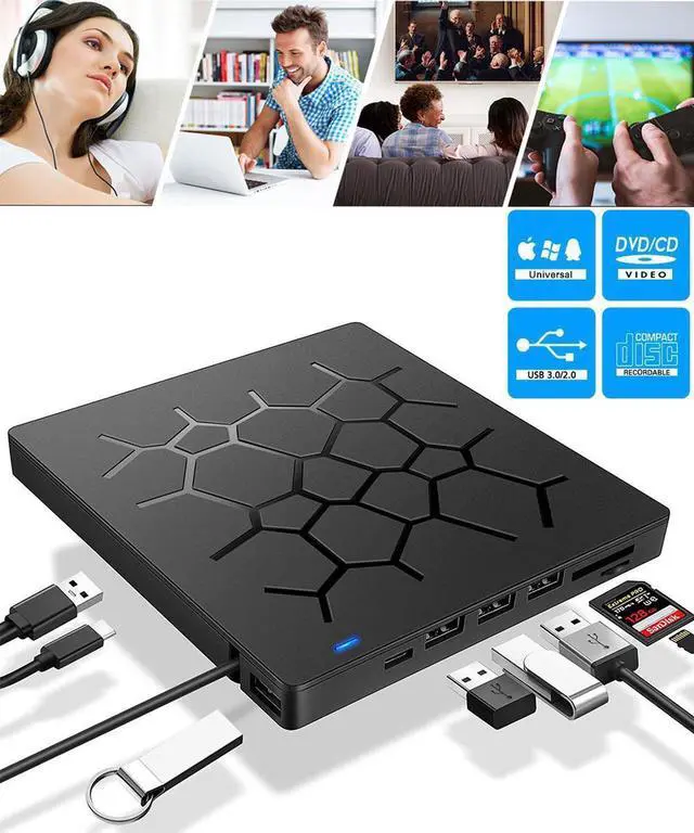 Main image of 7 -in-1 External CD DVD Drive USB 3.0 Type-C Portable CD/DVD ROM +/-RW Optical Drive Player Reader Writer Burner with 4 USB Ports and 2 SD Card Slots for Laptop Desktop PC, MacBook Pro/ Air, iMac