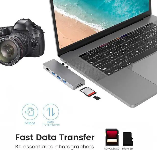 Alt view image 2 of 7 - USB C Hub, Best Mac Type-C Dual Hub Adapter for MacBook Pro 2019 2018-2016 13" 15" 16" & MacBook Air, 8in2: USB-C 100W PD, Thunderbolt 3, 4K HDMI, microSD/SD Card Reader, 3xUSB 3.0