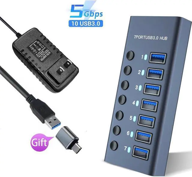 Main image of Powered USB Hub - 7 Ports 36W USB 3.0 Data Port, Aluminum Housing, Individual On/Off Switches, 12V/3A Power Adapter, 5Gbps High Speed, USB 3.0 Hub for Laptop, PC, Computer, Mobile HDD