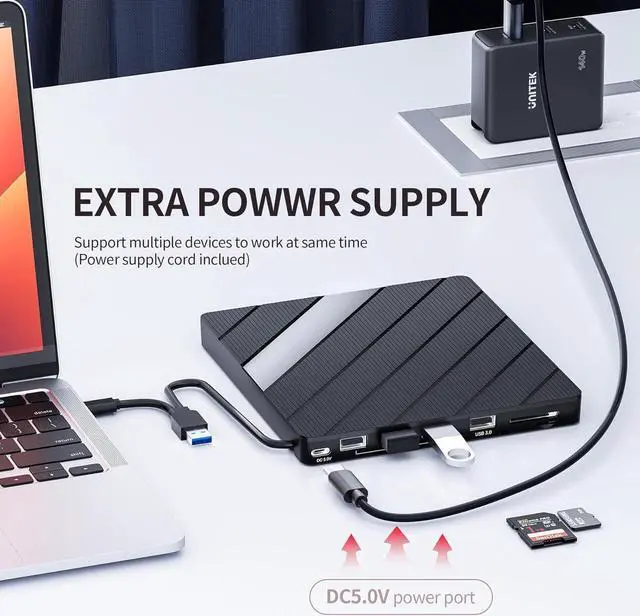 Alt view image 5 of 7 - DVD Player for Laptop, 8-In-1 External CD Drive with USB 3.0 & USB-C Hub and SD/TF Card Reader, Portable CD Burner, DVD Reader Writer ROM Drive Compatible with Laptop PC Mac,Win 11/10/8/7