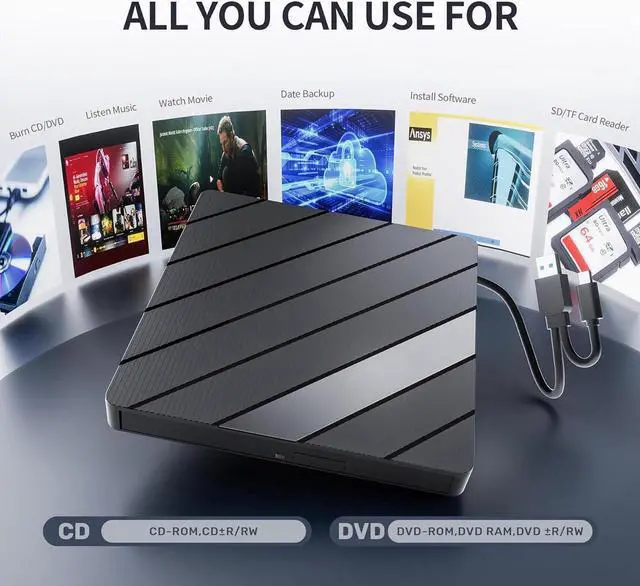 Alt view image 7 of 7 - DVD Player for Laptop, 8-In-1 External CD Drive with USB 3.0 & USB-C Hub and SD/TF Card Reader, Portable CD Burner, DVD Reader Writer ROM Drive Compatible with Laptop PC Mac,Win 11/10/8/7