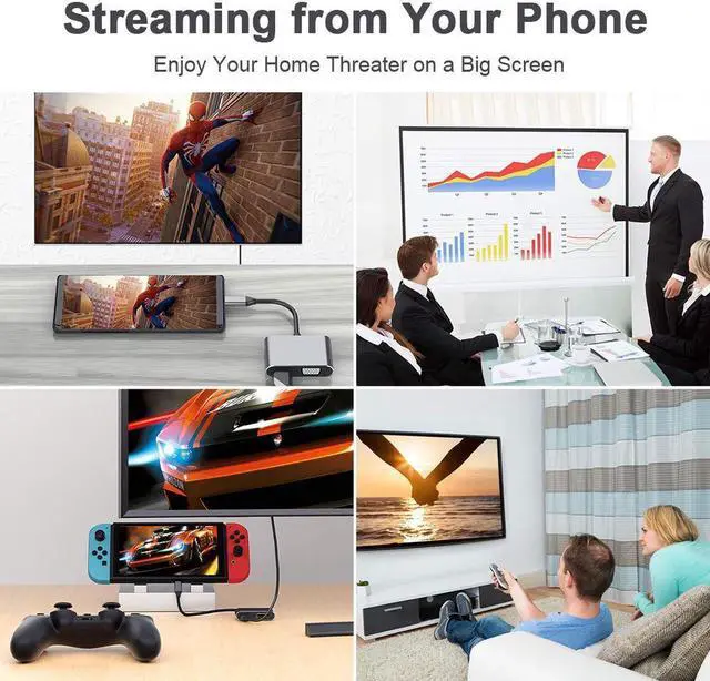 Alt view image 2 of 7 - USB C to HDMI/VGA Adapter, 4 in 1 USB-CType-C Hub VGA/HDMI/USB3.0/PD Video Adapter 4K UHD, Support HDMI&VGA Simultaneously, Male to Female Multi-Display Video Converter -Silver