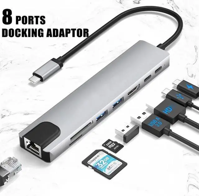 Main image of USB-C Hub 8 in 1 USB Hub Adapter Docking Station Dongle USB C Type-C Hub to Multi Port USB Speed 5Gbps TF/SD Card Reader ,USB2.0, 4K HDMI, USB-C, 100W PD, Ethernet, USB C Hub
